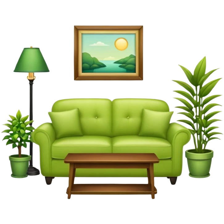 living room in ios emoji style

no TV, and make the couch a light green color

there is a lamp on one side and some plants on the other side emoji
