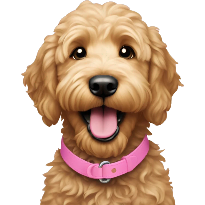 Goldendoodle with tongue out, wearing pink collar emoji