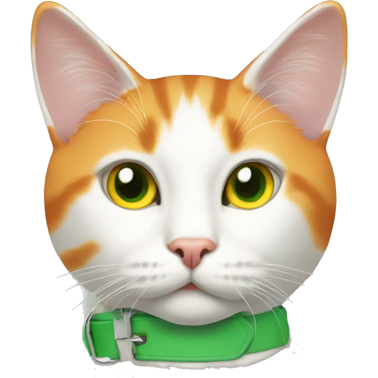 Orange and white cat with a green collar and yellow eyes emoji