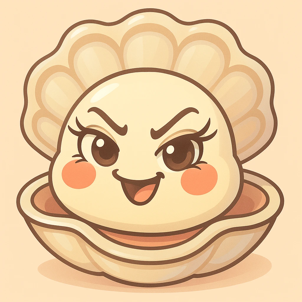 Enhance the oyster's eyes to be even more expressive and luminous with long, curved eyelashes. Maximize the pastel, pearly, cream, peach, and greige nuances. Keep the shell large and the oyster small. Maintain the pastel toon style, the background, and the mischievous expression. emoji