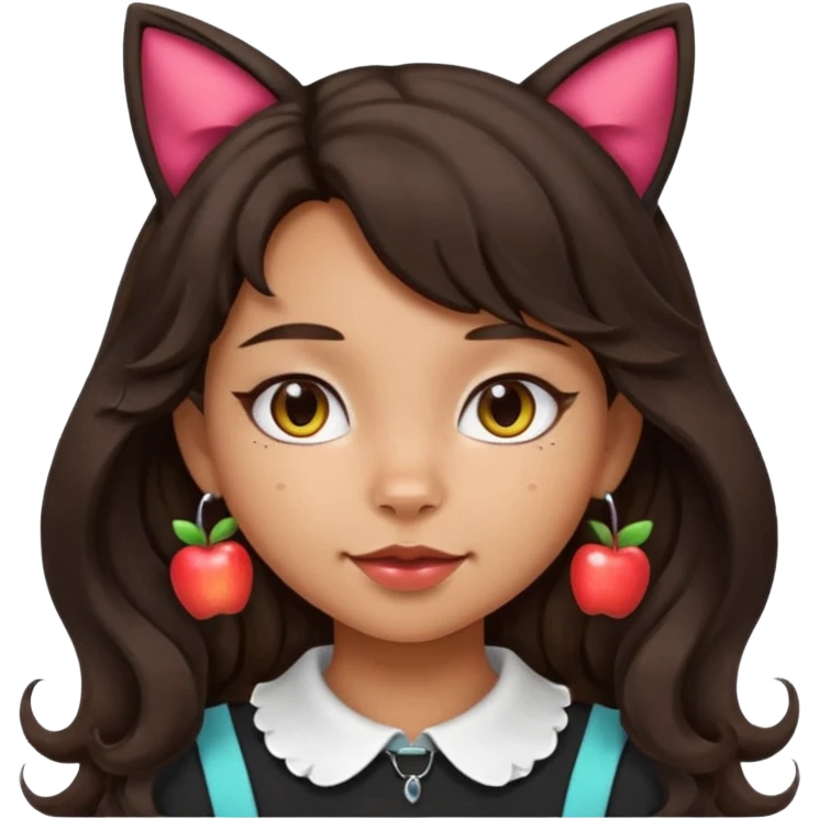 Remove the pink shirt so the character is only wearing a cute collar. Keep her medium Hispanic skin tone, long dark wavy hair, and cat ears without a headband. Maintain apple emoji style with transparent background. emoji
