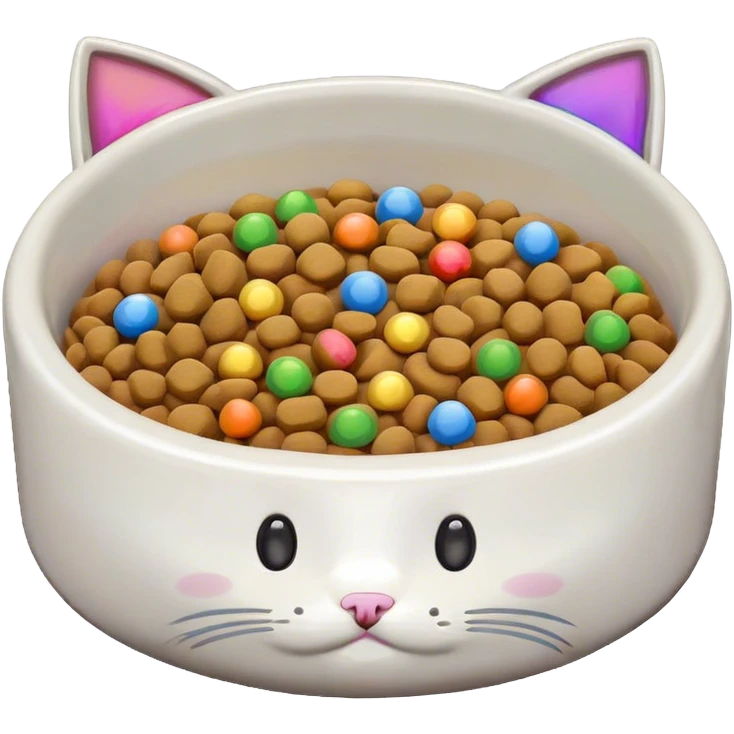 cute cat food bowl with, the food is piled on top of the bowl where it is so full. Make the kibble in the food bowl white with rainbow pieces emoji