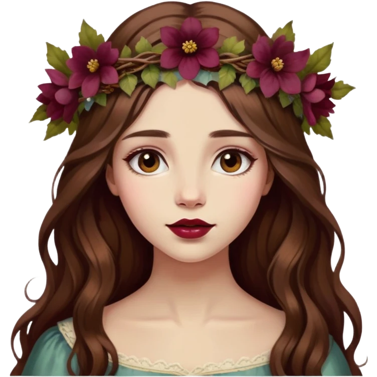 girl with long brown hair with flower crown, wine-colored lips, antique oil painting tones emoji