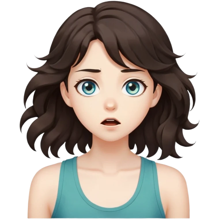 Surprised, shocked, A beautiful anime lady with hazel-green-blue eyes, dark-brown wavy medium-long hair, pale skin, tomboy style, tank top emoji