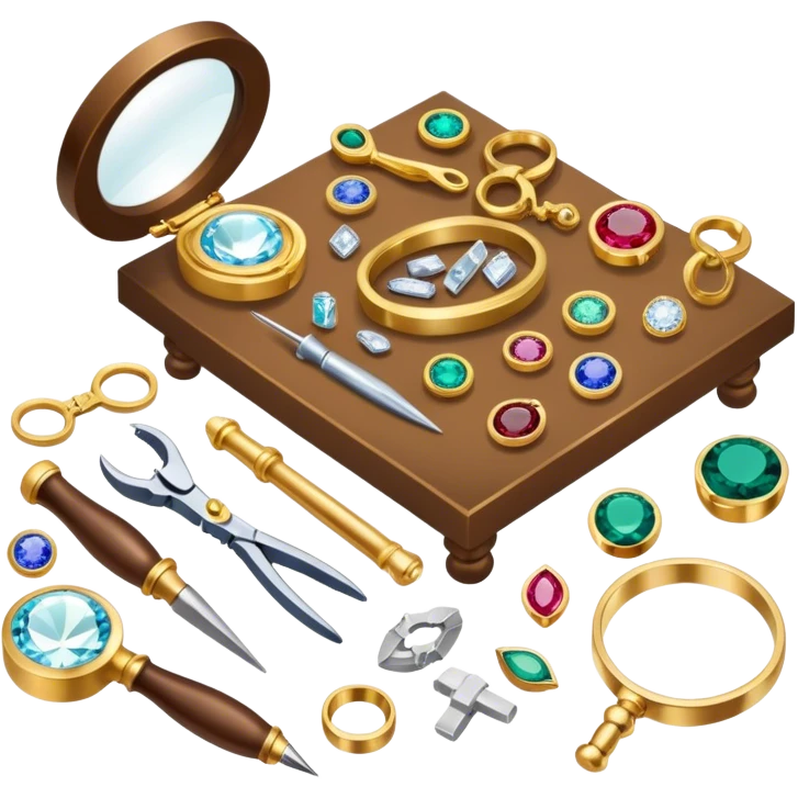 Create an icon that represents the art of jewelry making. The design should include a jeweler's workbench, tools like pliers, a magnifying glass, and various precious materials such as gemstones, gold, and silver. Feature a partially crafted piece of jewelry, like a ring or necklace, showcasing intricate details and craftsmanship. The composition should evoke elegance and precision, reflecting the skill and artistry of jewelry making. The background should be transparent. emoji