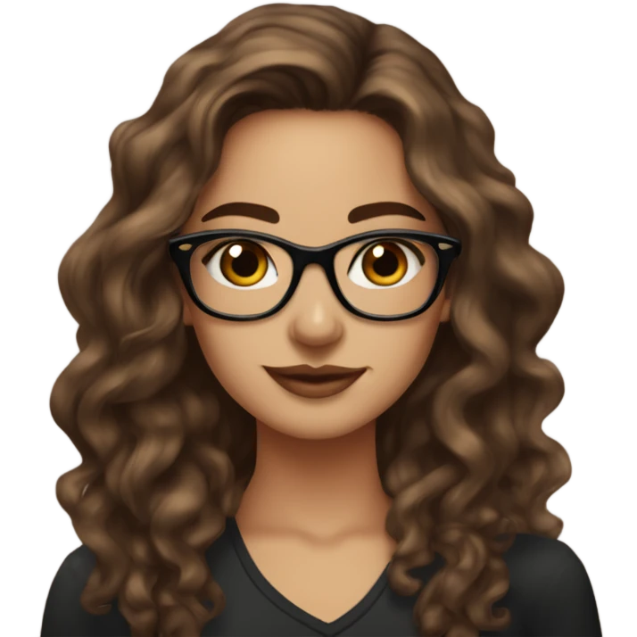 beautiful mid twenties young lady with long brown wavy hair and pretty brown eyes with black glasses and tattoos on her body  emoji
