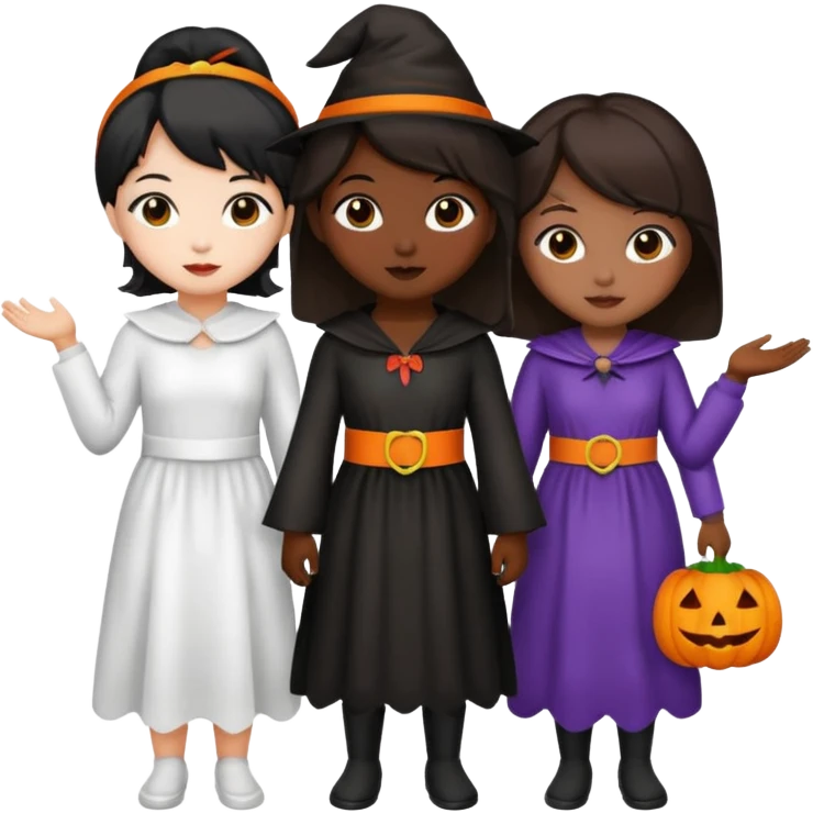 Three best friends, cute Halloween one dark black, one Asian and one white emoji