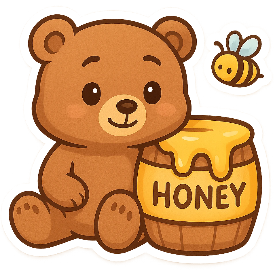 Create a second version of the cartoon bear and honey barrel scene for a 'find the differences' game. Make three subtle changes: change the bear's expression slightly, alter the shape of the honey on the barrel, and move the bee to a different position. Keep the style and layout consistent with the original chibi stickers style. emoji