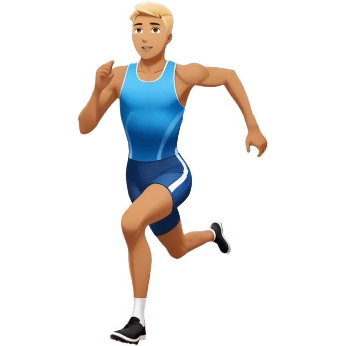 An icon symbolizing The background with track of a large stadium with cheering crowds, a digital timer, and a clear blue sky. professional running: a dynamic sprinting athlete in motion on a track, leaving motion lines behind. Transparent background emphasizes speed, endurance, and competition.  emoji