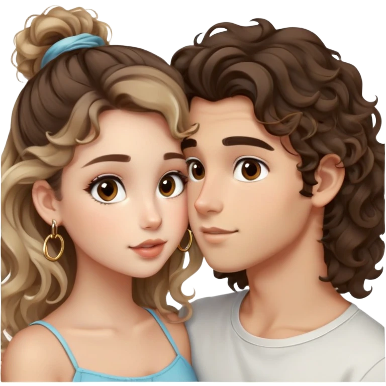cute girl long brunette balayage curly/wavy not voluminous hair, brown eyes, hoop earrings, natural pretty clean makeup: kissing on the cheek a cute boy blondish straight messy hair and brown eyes emoji