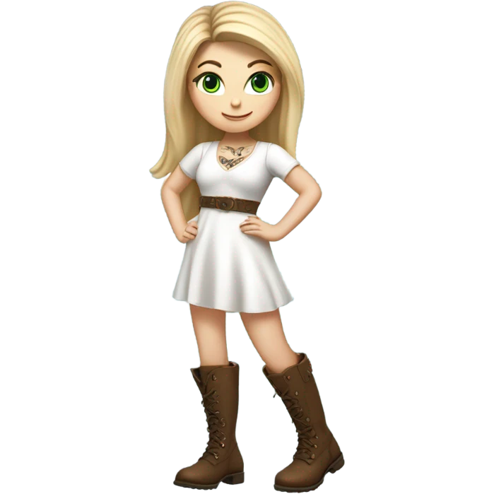 Realistic White girl with Long straight blonde hair, green eyes, tattoos, full body wearing white dress and Brown knee-high leather boots, dancing emoji