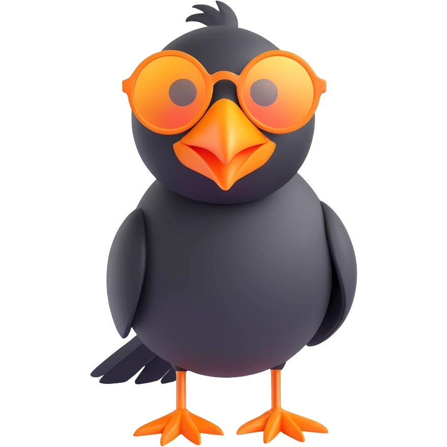 cartoonish 3D emoji of a black bird with a large orange beak and oversized round sunglasses, standing in the same pose as the reference image, looking to the left emoji