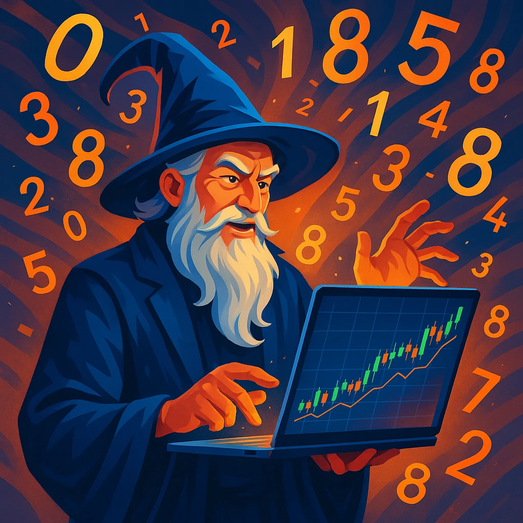 finance wizard holding a laptop showing a financial chart, numbers flying in the air, modern digital illustration style emoji