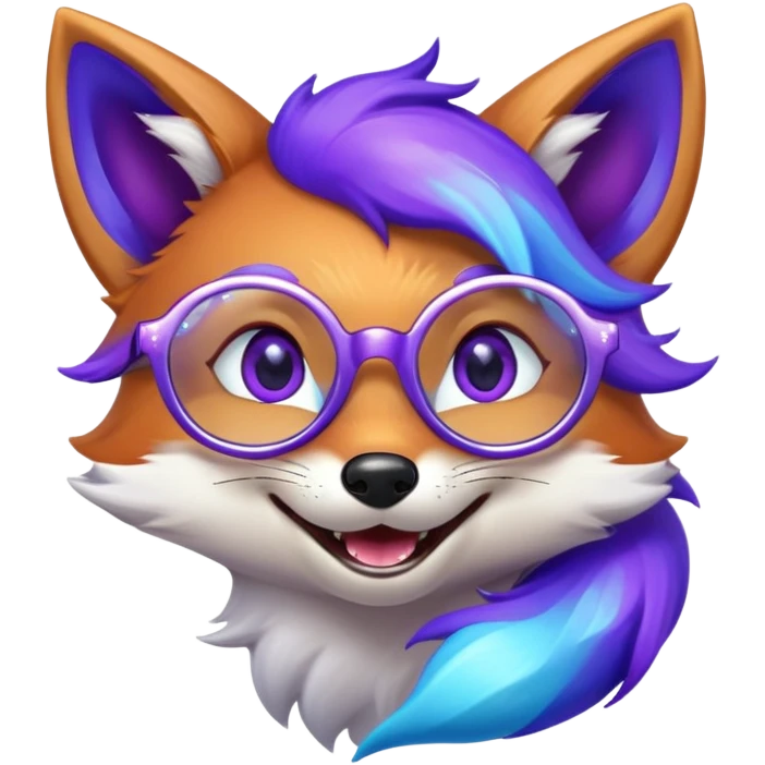 A magical fox with shimmering purple and blue fur, a glowing tail, a silver star on its forehead, and round glasses, laughing so hard that tears are streaming from its eyes. 🦊😂 emoji