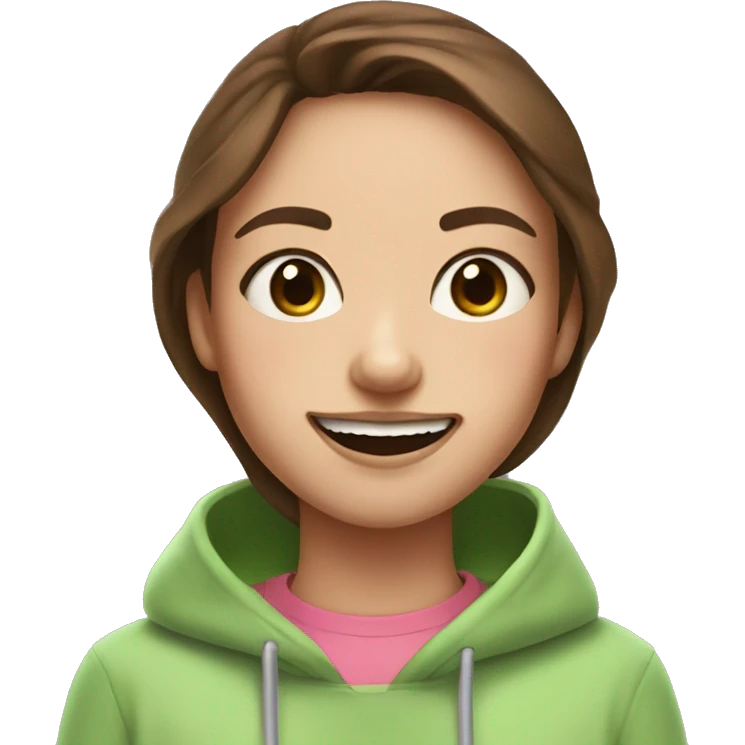 Girl with brown hair, crooked teeth and a pink hoodie with a matcha emoji