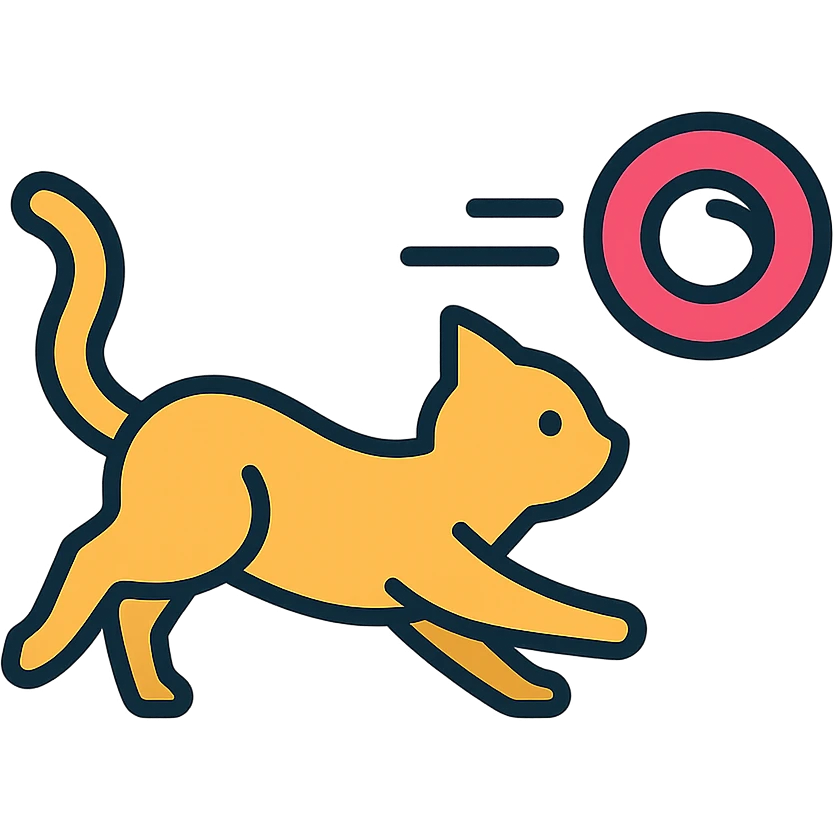 A cat chasing a ball that looks like the Enso speedrun logo emoji