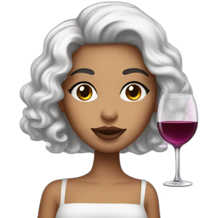 White latin girl with pink lips, curly black hair and glass of wine emoji