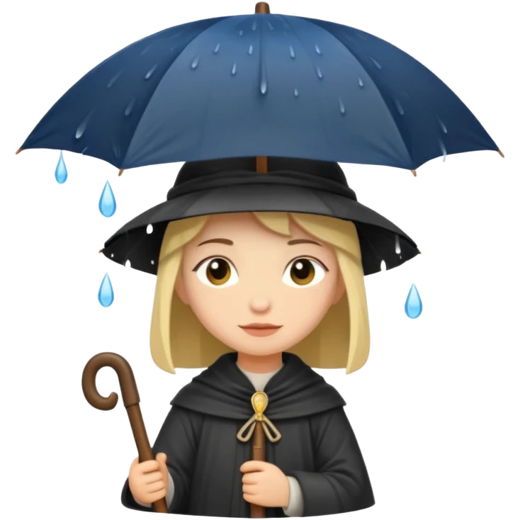 vorrei un piccolo pellegrino medievale in stile stickers sotto la pioggia con un grande ombrello emoji