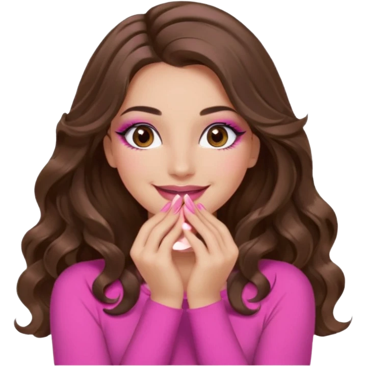 girl with long wavy brown hair, brown eyes, long lashes makeup, sexy pink lips, light to medium complexion, wearing a pink sexy top, smiling, hands covering over the eyes emoji