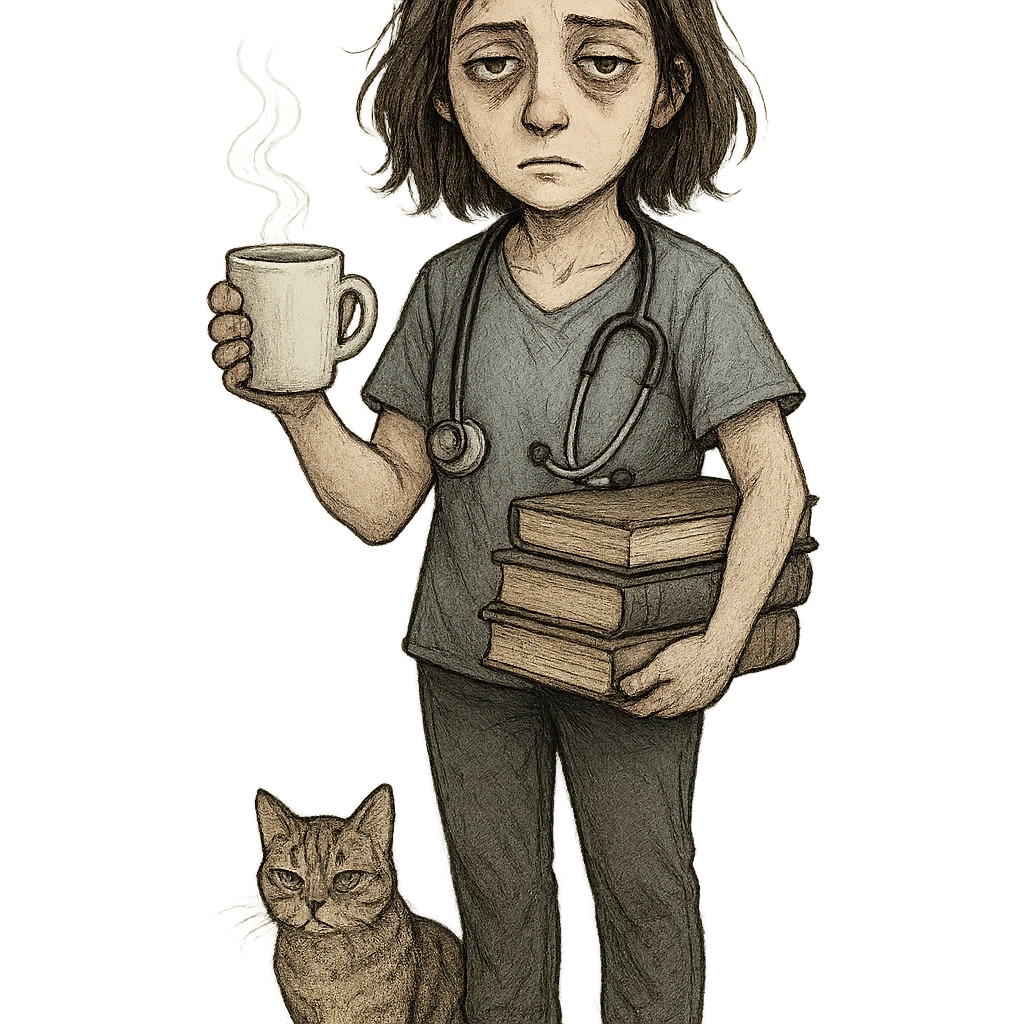 tired woman with shoulder-length brown hair, pale skin, gray eyes, holding a coffee cup, stethoscope around neck, stack of books, cat at feet emoji