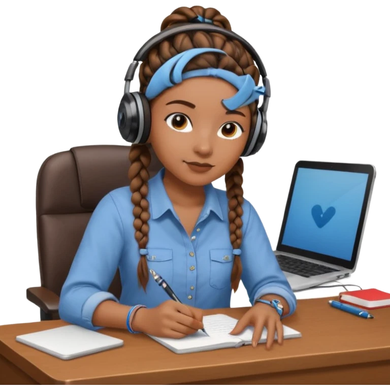 realistic brown skinned female with braids sitting at a desk with headphones on emoji