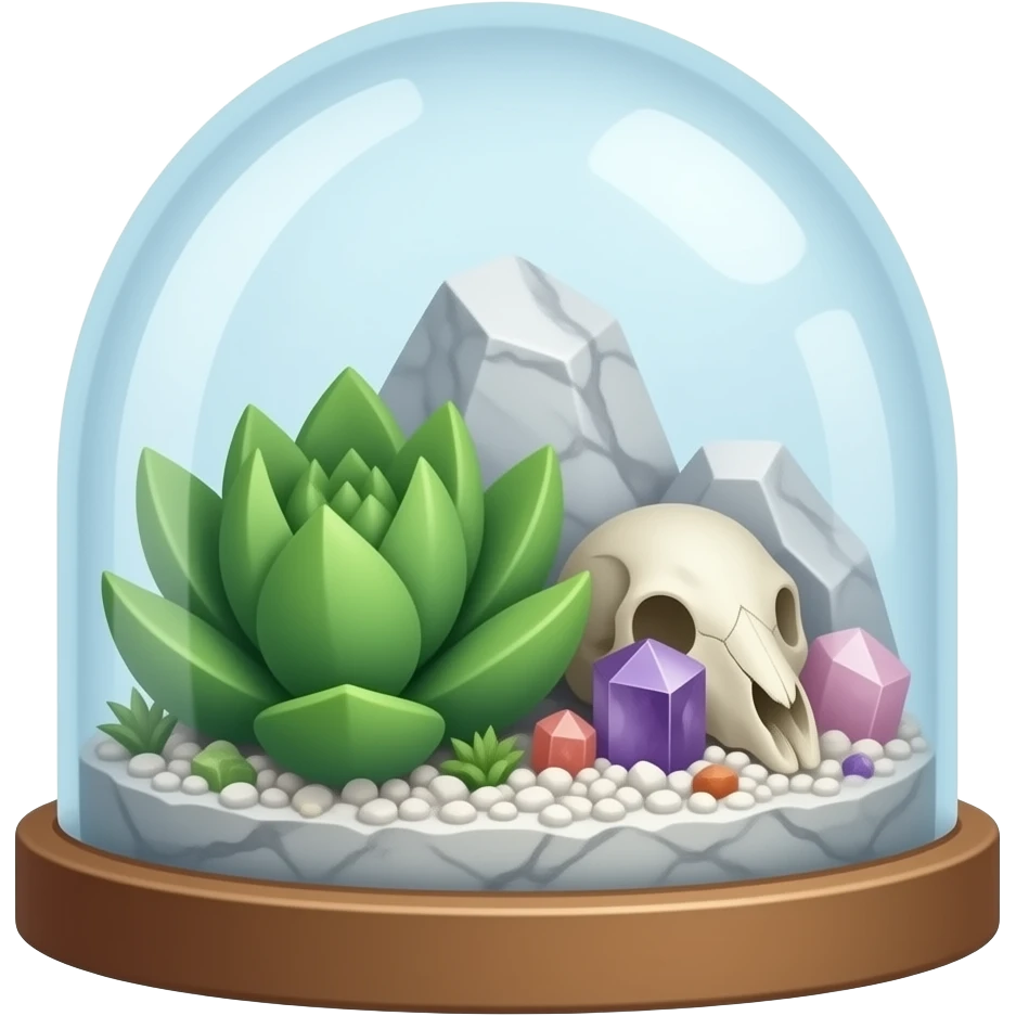Tall succulent dome-shaped terrarium with amethyst and rose quartz and marble cluster and animal skull inside emoji
