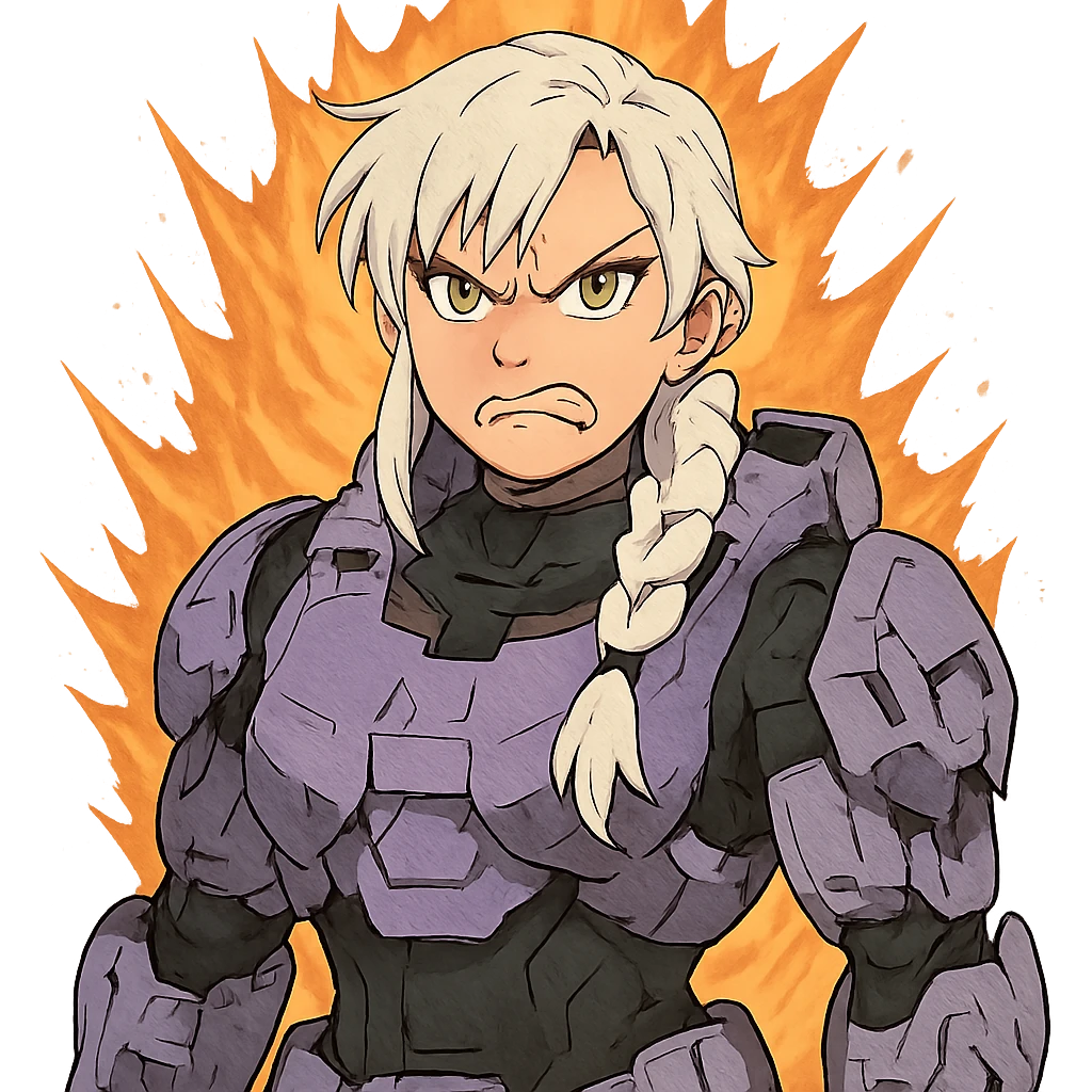 making an angry scowl, frown closed mouth, rage face, rage aura,  female, wearing reach spartan armor shoulder-unequip, long white braid hair with massive messy front side single bangs, gold yellow eyes, attention pose, D-cup size, HALO:series, no helmet, the armor is lavender color scheme, emoji