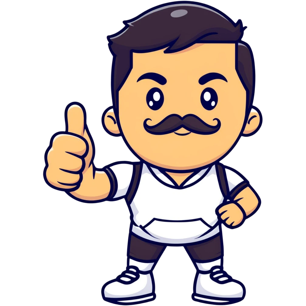 Recep İvedik in famous thumbs up pose, mustache, unibrow, wearing sportswear, exaggerated facial expression emoji