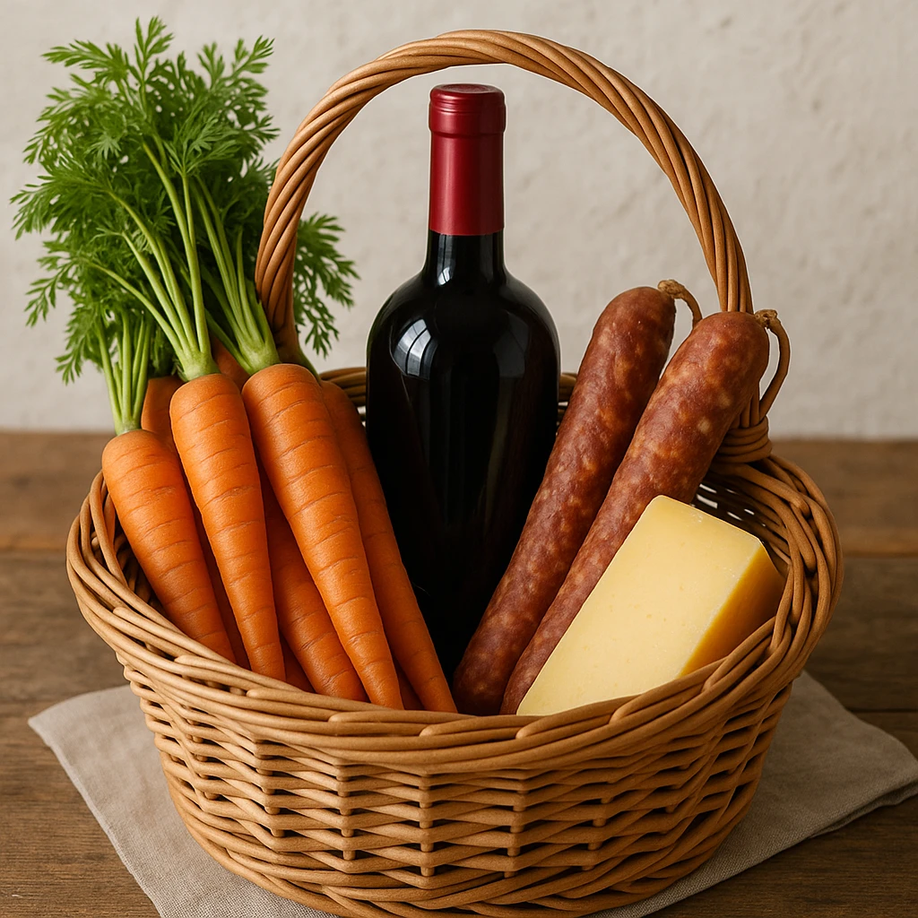 a basket filled with carrots, a bottle of wine, sausages, and a cheese, all visible and arranged together emoji