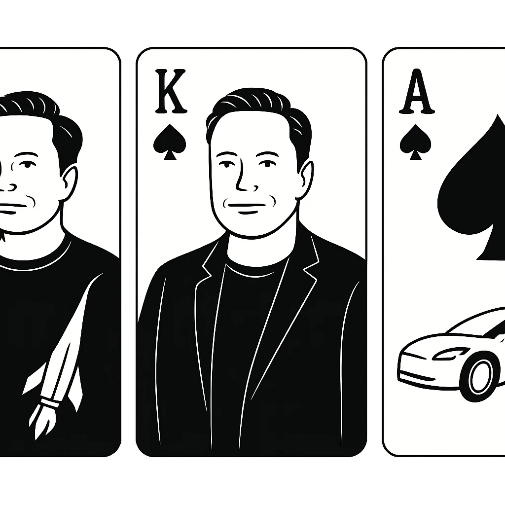 Elon Musk with space rocket and electric car symbols, playing card style, tech innovator portrait emoji