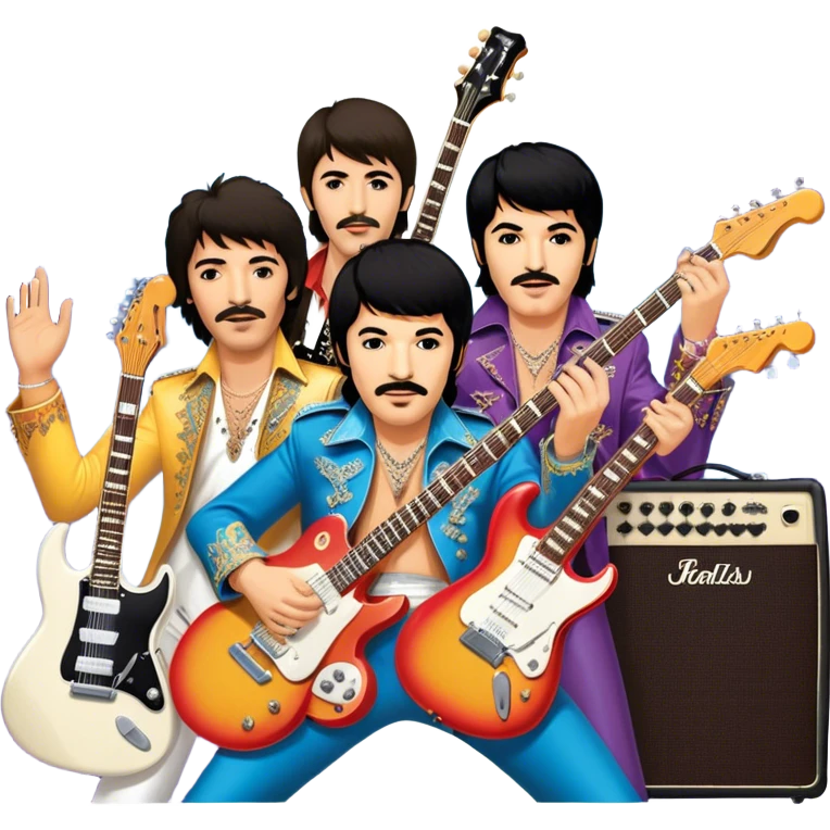 Rock music icon: dynamic collage of global rock legends like The Beatles, Jimi Hendrix, Elvis Presley, Freddy Mercury and Curt Cobane, surrounded by guitars, amplifiers, and stage lights. Symbolizing the energy and power of rock music. Transparent background. emoji