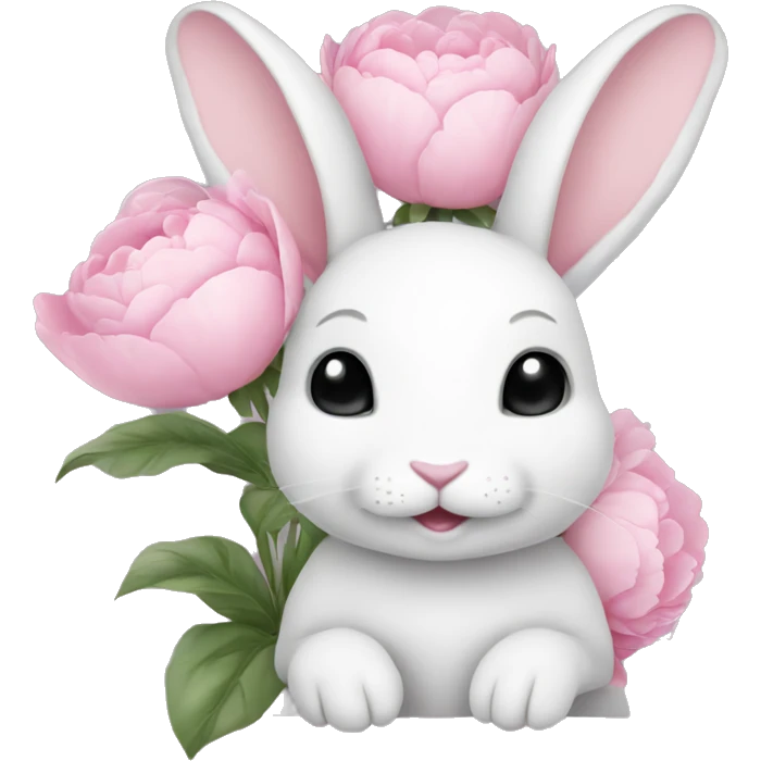 cute white bunny holding light pink peonies emoji