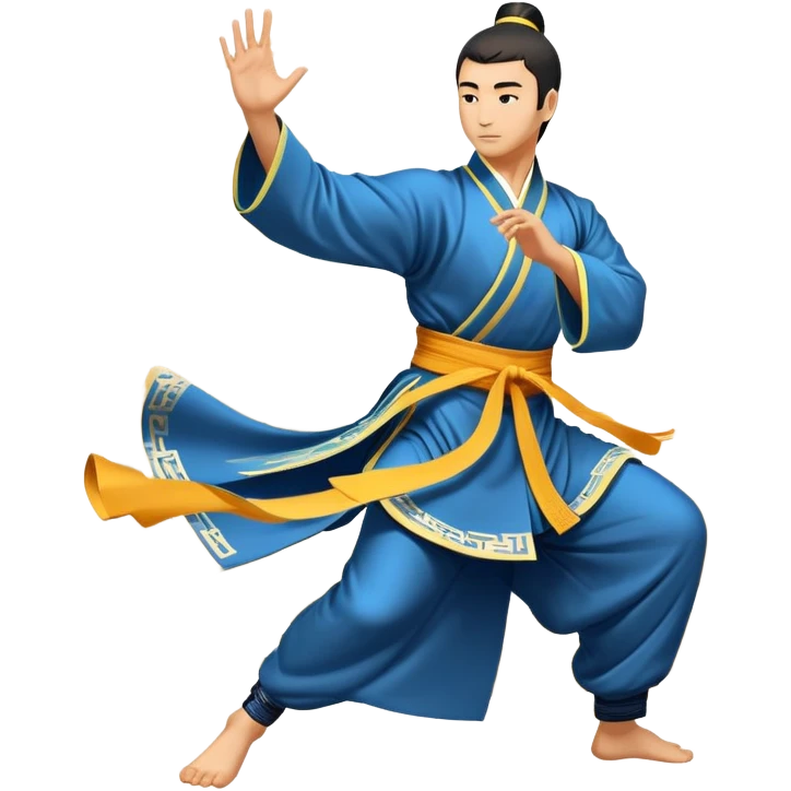 Emblem symbolizing Wushu martial arts. A graceful martial artist performs a dynamic kung fu pose, with flowing movements and a long, elegant robe. The background features stylized clouds and traditional Chinese symbols, representing fluidity, balance, and precision. Transparent background. emoji