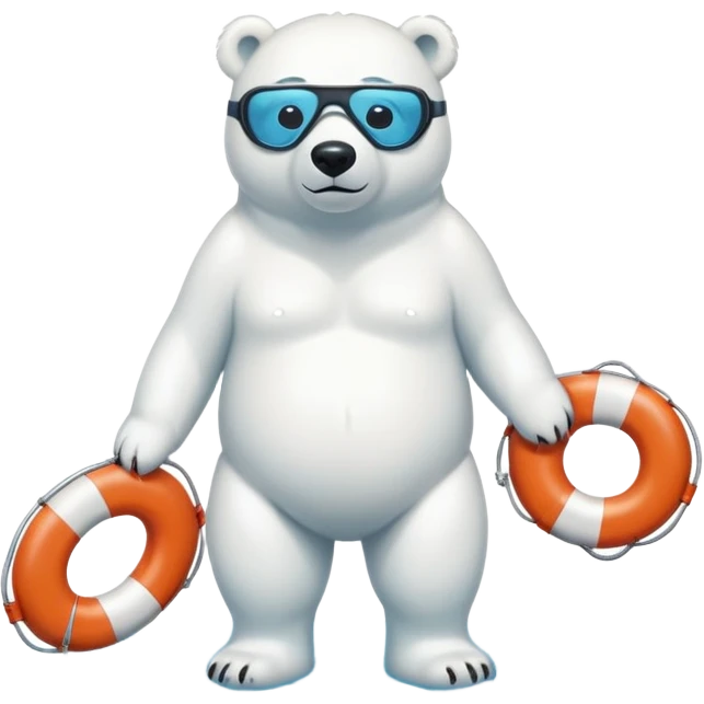 full body friendly anthropomorphised polar bear wearing swim shorts and swim goggles, standing in a puddle, holding a life buoy emoji