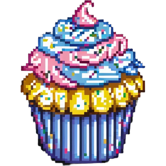 giant cupcake with pink icing and colorful sprinkles, striped cupcake wrapper, pixel art style emoji