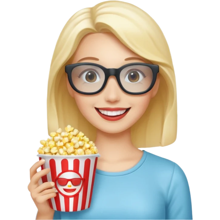 woman with 3d glasses and popcorn, smiling emoji