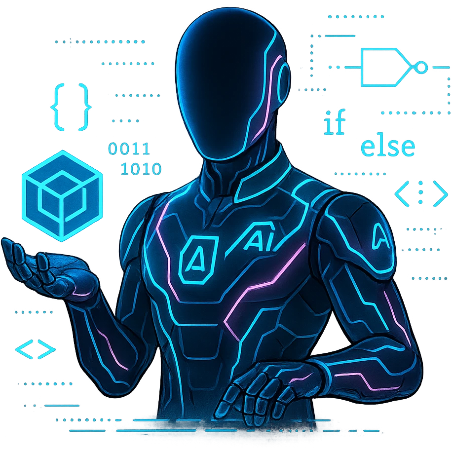sleek faceless humanoid in an AI suit with neon circuits, holding a floating cube logo in one hand, the other hand typing on an invisible interface, with code and logic elements around, futuristic digital style emoji