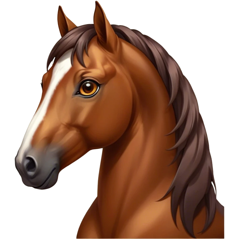 Cinematic Elegant Bay Horse Portrait Emoji, Head held high with a serene, majestic gaze, showcasing a magnificent bay fur with a rich, lustrous sheen, a flowing mane and tail, and radiant amber eyes that exude beauty and grace, Simplified yet majestically refined features, highly detailed, glowing with a soft, ethereal light, high shine, poised and breathtaking, stylized with an air of pure elegance, capturing the essence of a stunning and graceful steed, so beautiful it feels like it could gallop out of the screen with effortless charm! emoji