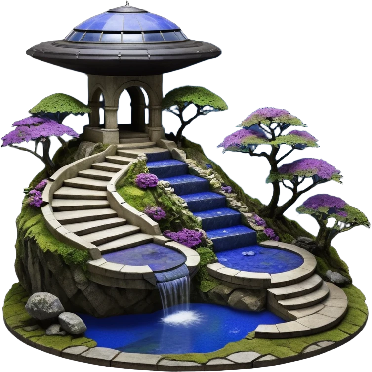Crashed Alien saucer poolhouse jungle winding narrow stairway fountain lakeside mountainside -island getaway nighttime landscape antique mudman very old broken cracked intricate Stone Age lapis-crusted irregular dodecagon-shaped shallow dark moss rough bark violet serissa flowered maple tree bonsai emoji