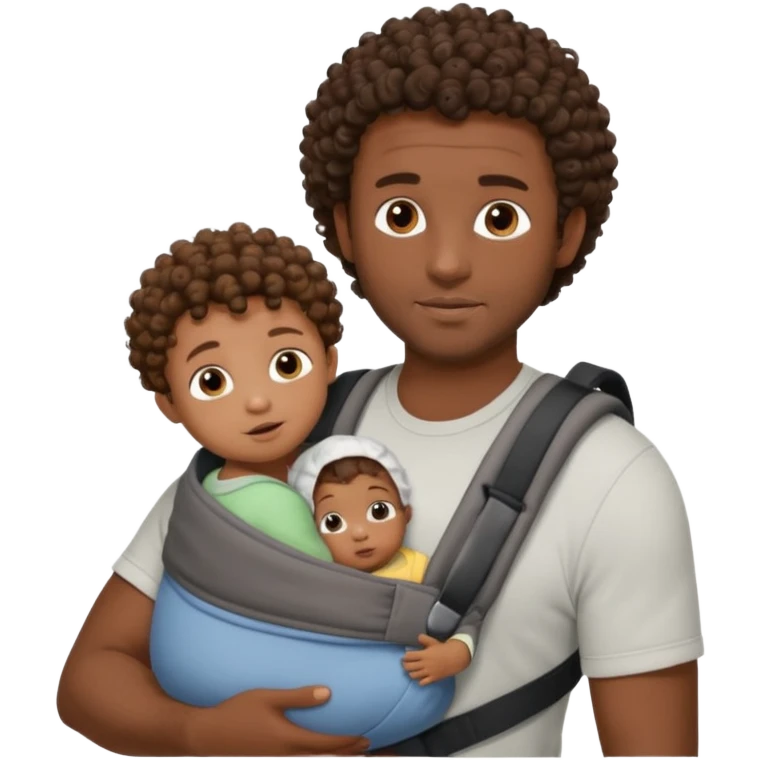 Very dark skinned black dad with brown curly haired baby in carrier, babies back of head only visible because face is on dad's chest. Dad has model like features emoji