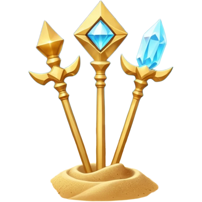 ancient pharaoh sand staff object icon, golden staff with Egyptian symbols, sandstone crystal headpiece, glowing desert aura, floating sand particles, 3D cartoon, mobile game icon style, centered, clean background, no text, no watermark
 emoji