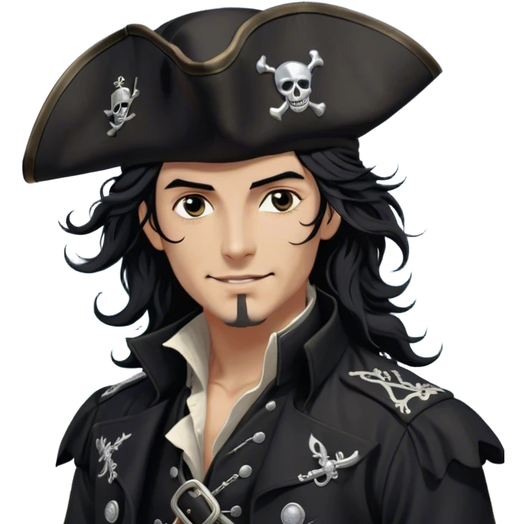 A charismatic pirate with wavy black hair tousled by the sea breeze. His black tricorn hat, embroidered with silver, casts a shadow over his confident features. Dark eyes glint with mischief as he gazes to the side, a knowing smile on his lips. His fitted black coat, adorned with silver buttons, sways in the wind, revealing glimpses of a deep-crimson waistcoat. A silver chain dangles from his belt emoji