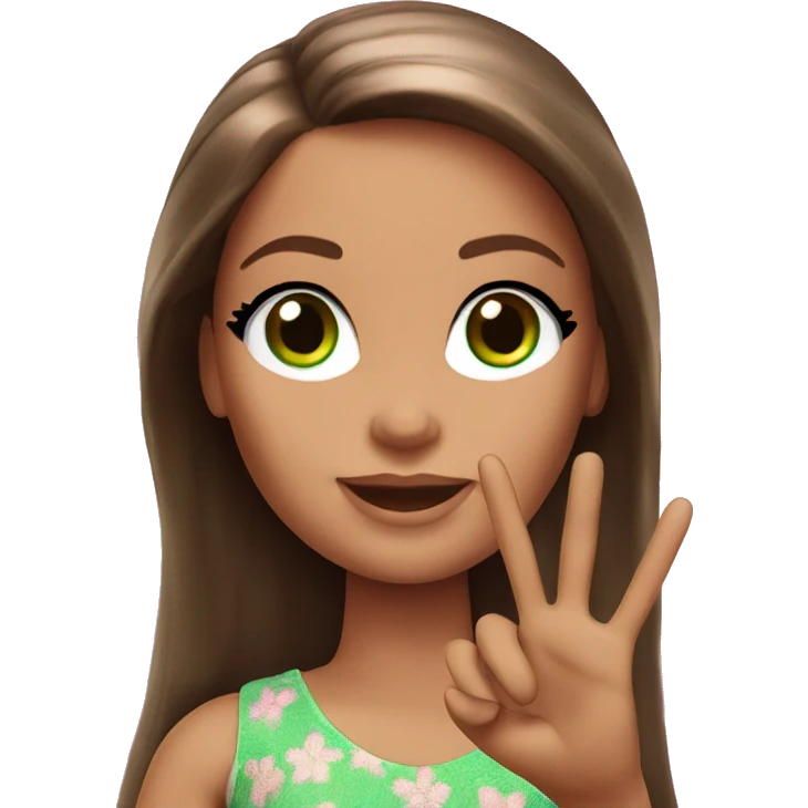 Barbie long brown hair green eyes giving a peace sign emoji
