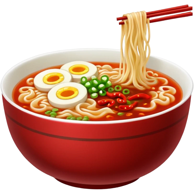 steaming ramen bowl with red broth and chili slices emoji