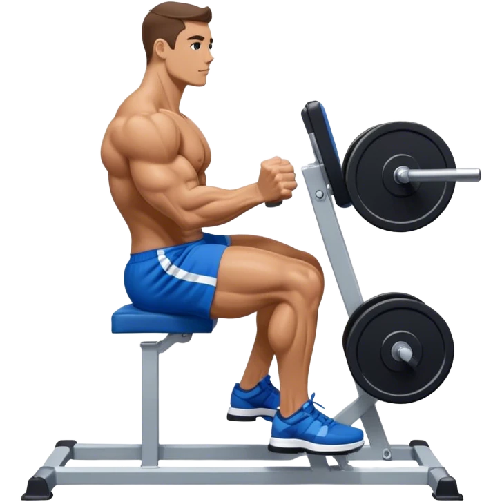 side-view bodybuilder in blue shorts seated weighted calf-raise machine on his tip toes emoji
