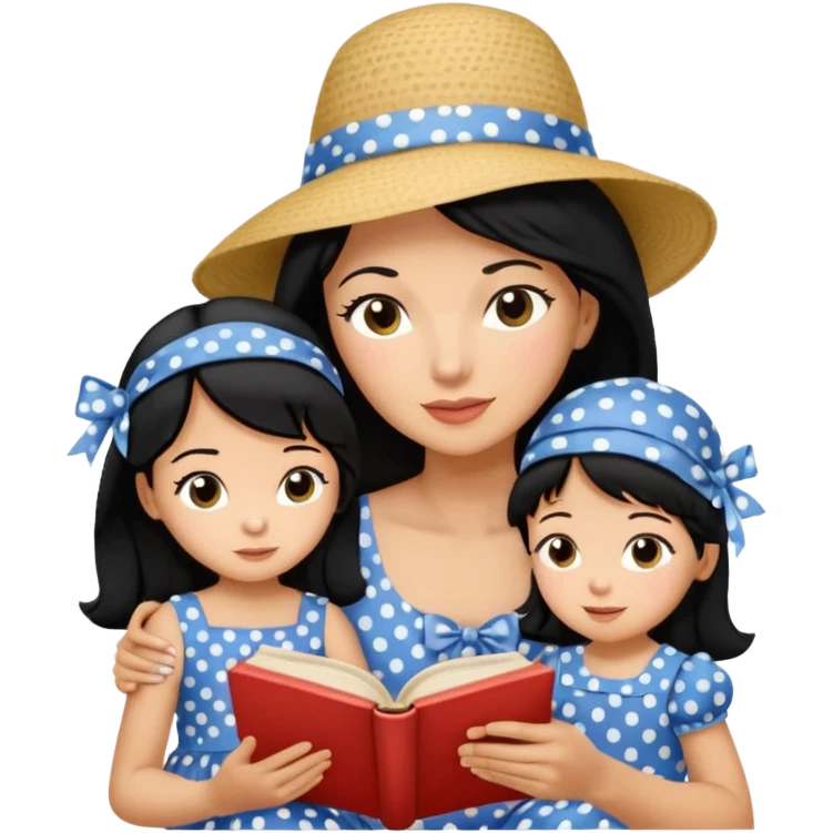 A black hair mother in a ribboned hat wearing polka dot dress reading a storybook to her child. emoji