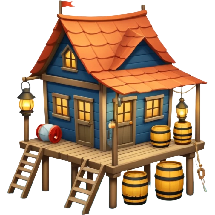 
fisherman house on a wooden pier, small dock, fishing nets hanging, barrels, lantern, ocean vibe, 3D cartoon, cute mobile game icon, clean background, no text
 emoji