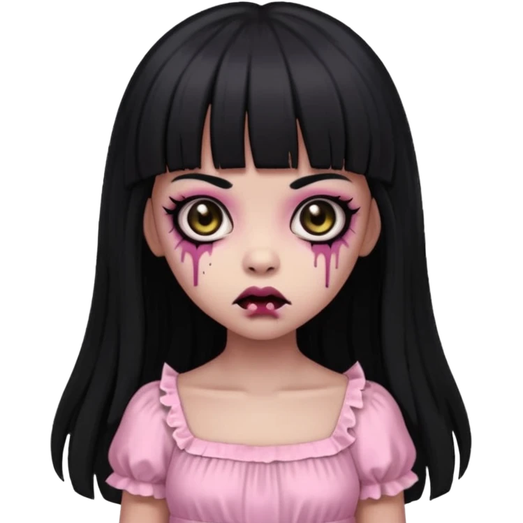 light-skinned Black zombie girl with black eyes, long black hair with bangs, wearing a light pink dress emoji