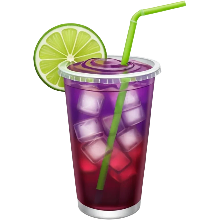 maroon purple cocktail with a lime wedge in the drink in a plastic cup with lid and straw

 emoji