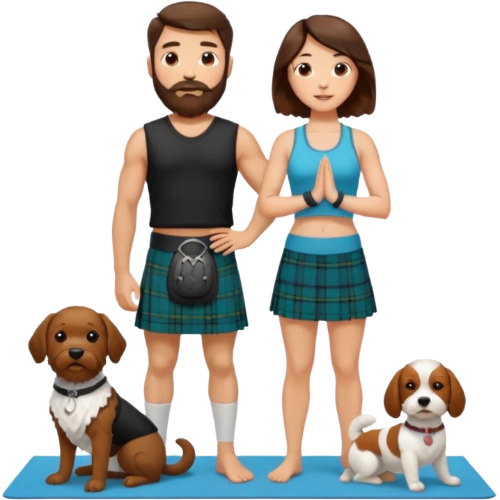 emoji of brunette man with beard wearing kilt, brunette woman in yoga outfit and white cockapoo dog emoji
